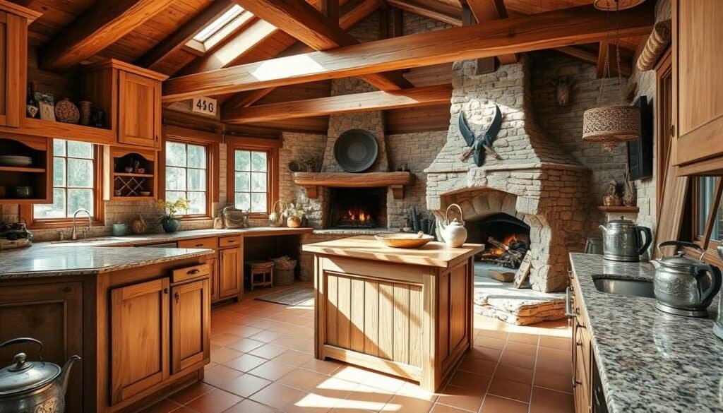 rustic kitchen with wood and stone rustic kitchen with wood and stone