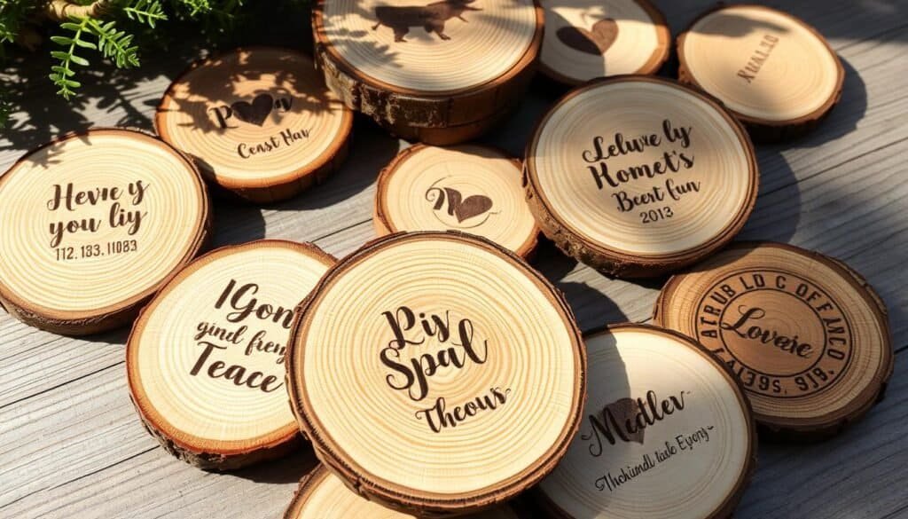 rustic wood slice coasters with personalized designs