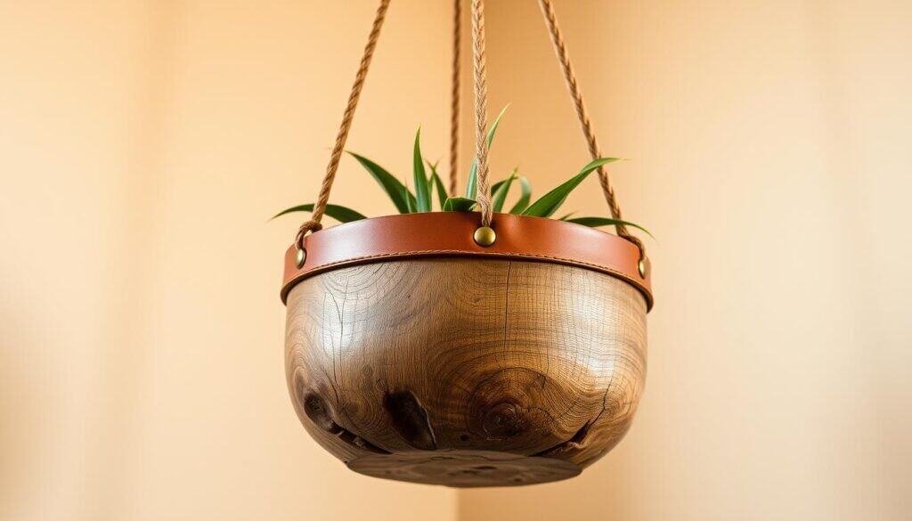 wood and leather hanging planter wood and leather hanging planter