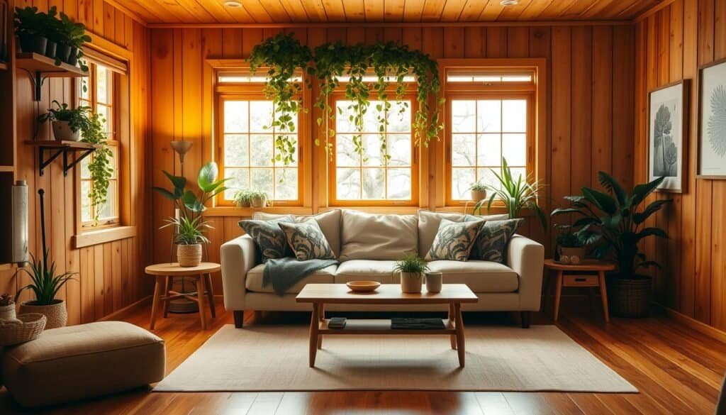 wood-toned living room with plants wood-toned living room with plants