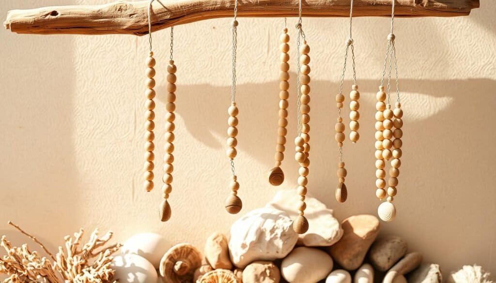 wooden bead mobiles with driftwood and shells wooden bead mobiles with driftwood and shells