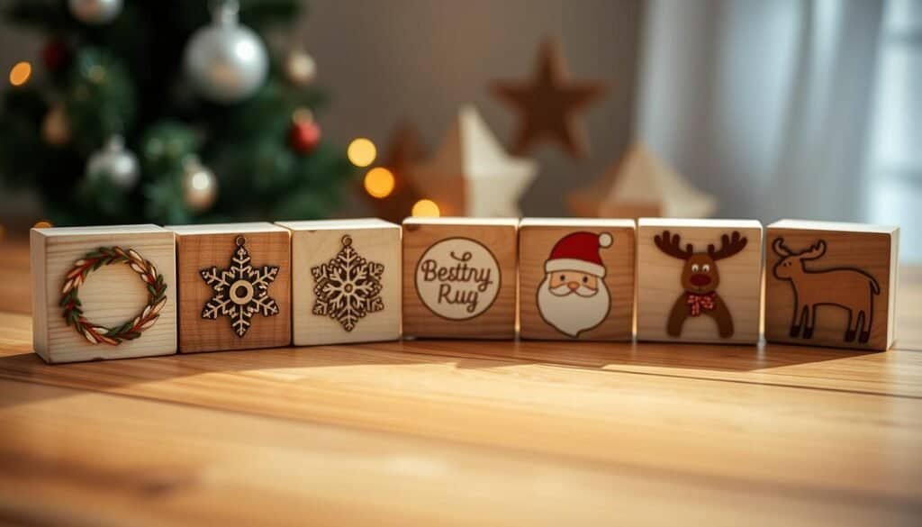 wooden block present ornaments