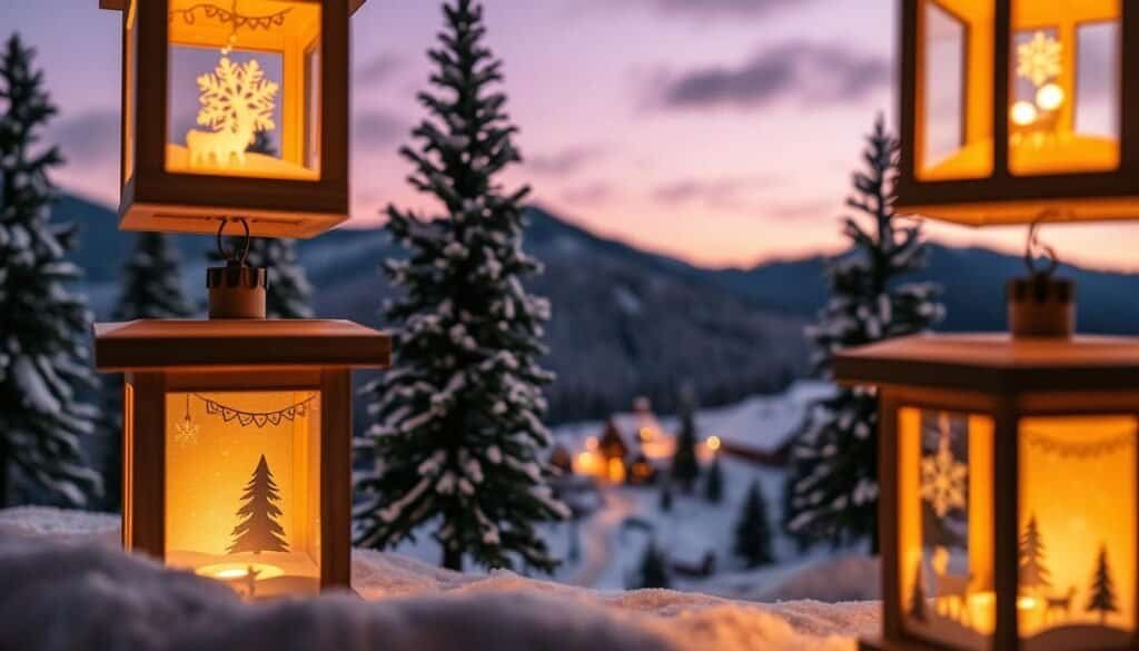 wooden lanterns with miniature winter scenes wooden lanterns with miniature winter scenes