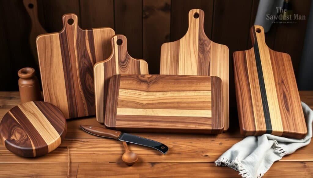 A beautiful arrangement of natural wooden cutting boards, handcrafted by The Sawdust Man. The boards are made of sturdy, richly grained hardwoods, with smooth, sanded surfaces and clean, minimalist designs. The scene is bathed in warm, soft lighting, creating a cozy, inviting atmosphere. The boards are displayed on a simple, rustic wooden table, surrounded by complementary props like a chef's knife, a wooden spoon, and a linen cloth. The overall composition highlights the tactile, organic quality of the wooden pieces, showcasing their potential as both functional and decorative elements for a beginner-friendly woodworking project.