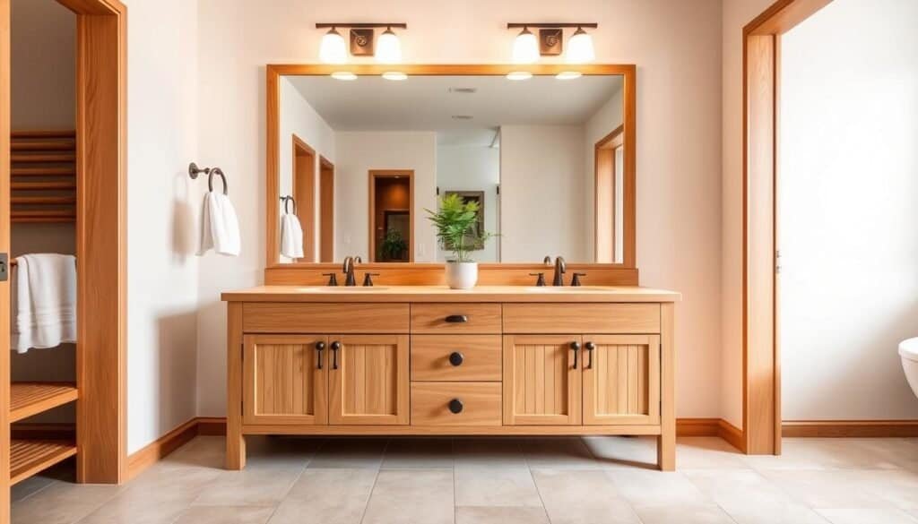 A beautiful bathroom vanity with a warm, natural wood finish, crafted by The Sawdust Man. The clean, minimalist design features a spacious countertop, a large mirror, and modern lighting fixtures that create a soft, inviting ambiance. The vanity stands atop a tiled floor, with a towel rack and potted plant adding subtle decorative touches. The overall scene conveys a sense of tranquility and luxurious simplicity, perfect for a weekend wood project that makes a big impact.