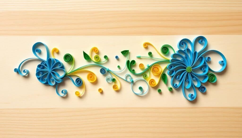 A beautiful, intricate paper quilling art piece with delicate spirals, loops, and curls in a variety of vibrant colors, including shades of blue, green, and yellow. The artwork is displayed on a plain, natural wooden surface, capturing the handcrafted, organic quality of the medium. Soft, diffused lighting casts gentle shadows, highlighting the dimensionality and textures of the quilled elements. The composition is well-balanced, with the paper quilling taking center stage against a clean, minimalist background, creating a sense of tranquility and focus on the delicate craft. The image conveys a feeling of artisanal creativity and personal expression, perfect for a home decor piece.