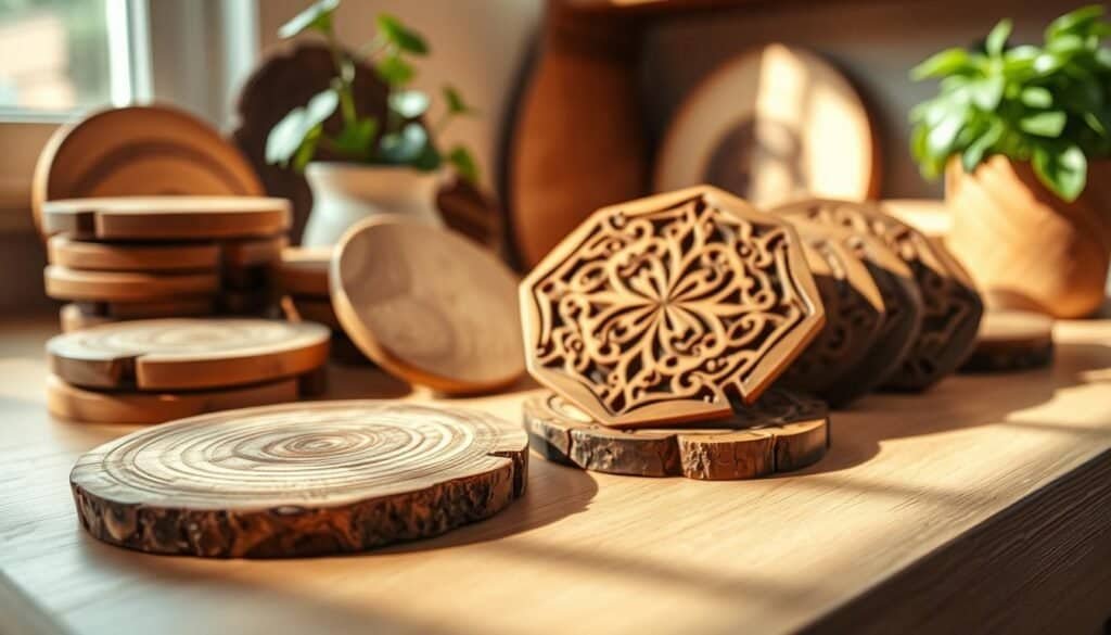 A beautifully arranged collection of wooden coasters and trivets, showcasing a variety of shapes and designs, including round, square, and intricately carved patterns. The foreground features a close-up of a rustic wooden coaster with a smooth finish, displaying the natural wood grain, while a set of elegantly designed trivets rests beside, highlighting their unique craftsmanship. In the middle ground, soft natural lighting filters through a nearby window, casting gentle shadows that enhance the textures of the wood. The background is a cozy, inviting kitchen setting, with soft earth tones and a hint of lush greenery in a nearby plant for a touch of warmth. The mood is serene and homely, perfect for inspiring creativity in woodworking.