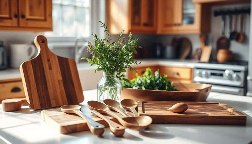 A beautifully arranged display of handcrafted wooden kitchen accessories, including a cutting board, a set of wooden spoons, and a rustic serving tray. The foreground features these items artfully placed on a light-colored countertop, highlighted by natural morning sunlight streaming in from a nearby window. In the middle, a soft-focus vase of fresh herbs adds a touch of green, enhancing the homey atmosphere. The background includes hints of a cozy kitchen setting, with warm wooden cabinets and vintage kitchen utensils subtly blurred to keep the focus on the accessories. The overall mood is peaceful and inviting, evoking a sense of calm and creativity, perfect for those seeking a distraction in woodworking.