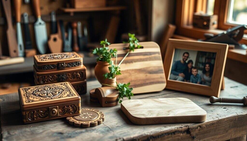 A beautifully arranged display of unique woodworking gifts on a rustic wooden table. In the foreground, showcase a handcrafted wooden jewelry box with intricate carvings, a set of personalized wooden coasters, and a stylish wooden key holder. In the middle, feature a natural wood cutting board with a fresh herb bouquet, alongside an elegant wooden picture frame displaying family photos. The background includes softly blurred workshop tools like chisels and a vintage wood plane, creating an inviting woodworking atmosphere. Warm, natural light streams through a nearby window, enhancing the textures of the wood and casting gentle shadows. The overall mood is cozy and inspirational, perfect for DIY enthusiasts.