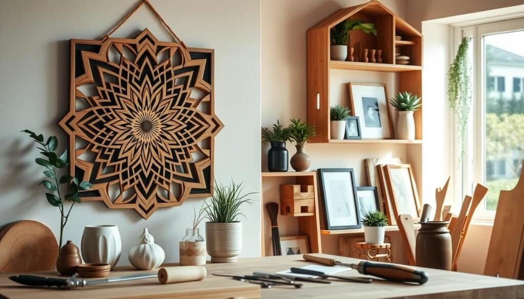A beautifully arranged scene showcasing a variety of handcrafted wood projects for home decor, focusing on decorative wall art and unique shelving. In the foreground, an intricately designed wooden wall art piece, featuring geometric patterns, hangs against a soft backdrop. Nearby, a handmade wooden shelf holds potted plants and stylish decorative items, like ceramic figurines and framed small artworks, highlighting the craftsmanship. In the middle ground, tools such as chisels and wood finishes are neatly organized on a workbench, suggesting an inviting workspace. The background features a warm, softly lit room with natural daylight streaming through a window, creating a cozy, serene atmosphere. The overall mood should convey tranquility and creativity, celebrating the joy of woodworking as a peaceful and fulfilling distraction.