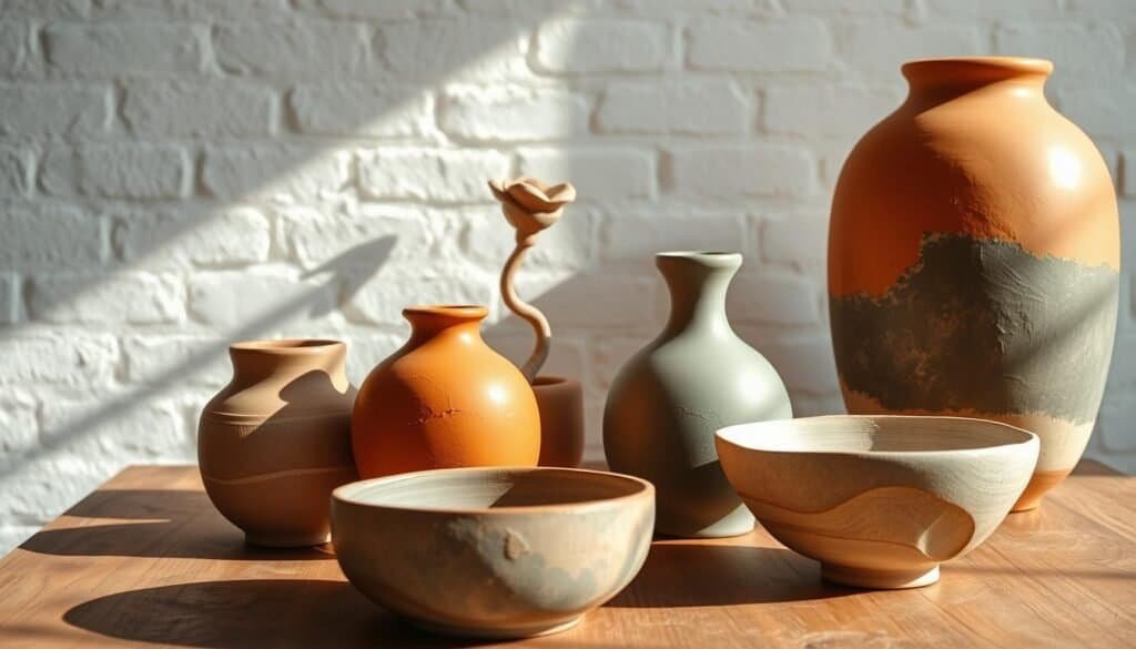 A beautifully arranged still life of handcrafted clay and ceramic home decor items. In the foreground, a set of organic, textured vases and bowls in earthy tones of terracotta, ochre, and sage. Placed on a rustic wooden table, the pieces cast gentle shadows, hinting at the warm, natural lighting illuminating the scene. In the middle ground, a delicate ceramic sculpture of an abstract botanical form, its intricate details accentuated by the play of light and shadow. The background features a minimalist, whitewashed brick wall, providing a clean, gallery-like backdrop that allows the artisanal pieces to take center stage. The overall mood is one of understated elegance, emphasizing the inherent beauty and tactile appeal of handmade ceramic art.