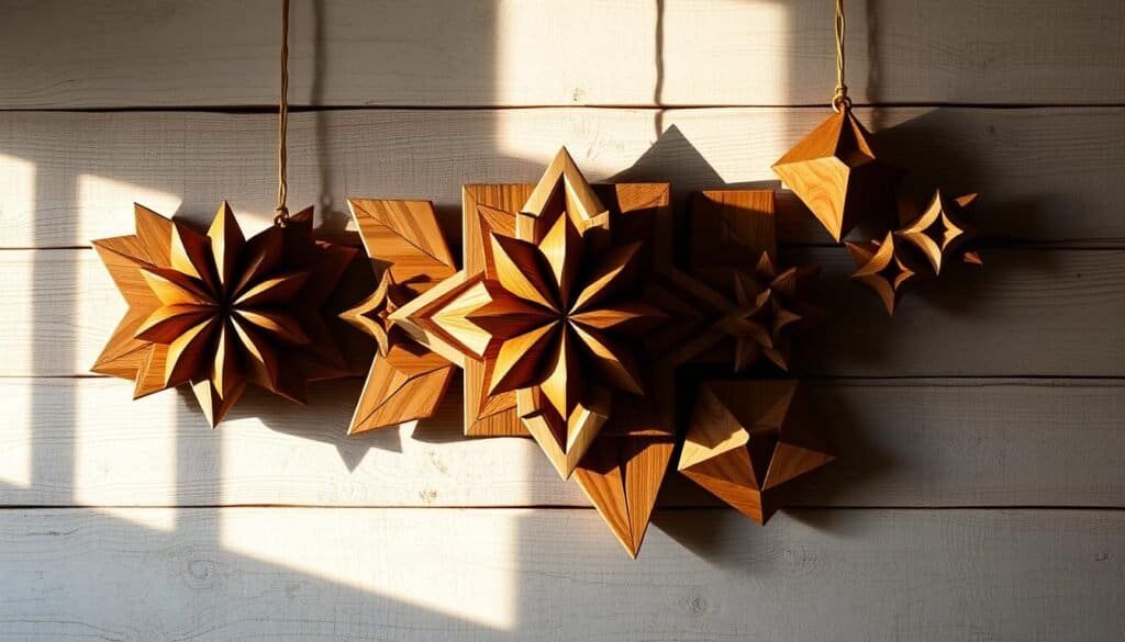 A beautifully crafted 3D wooden wall art piece, showcasing intricate geometric shapes and natural wood textures. The piece is suspended against a rustic, weathered wooden backdrop, casting dramatic shadows that add depth and visual interest. The lighting is soft and warm, highlighting the warm tones of the wood and creating a cozy, inviting atmosphere. The composition is balanced and visually striking, with the 3D elements seamlessly integrated into the overall design. The end result is a stunning, one-of-a-kind work of art that would add a touch of rustic elegance to any room.