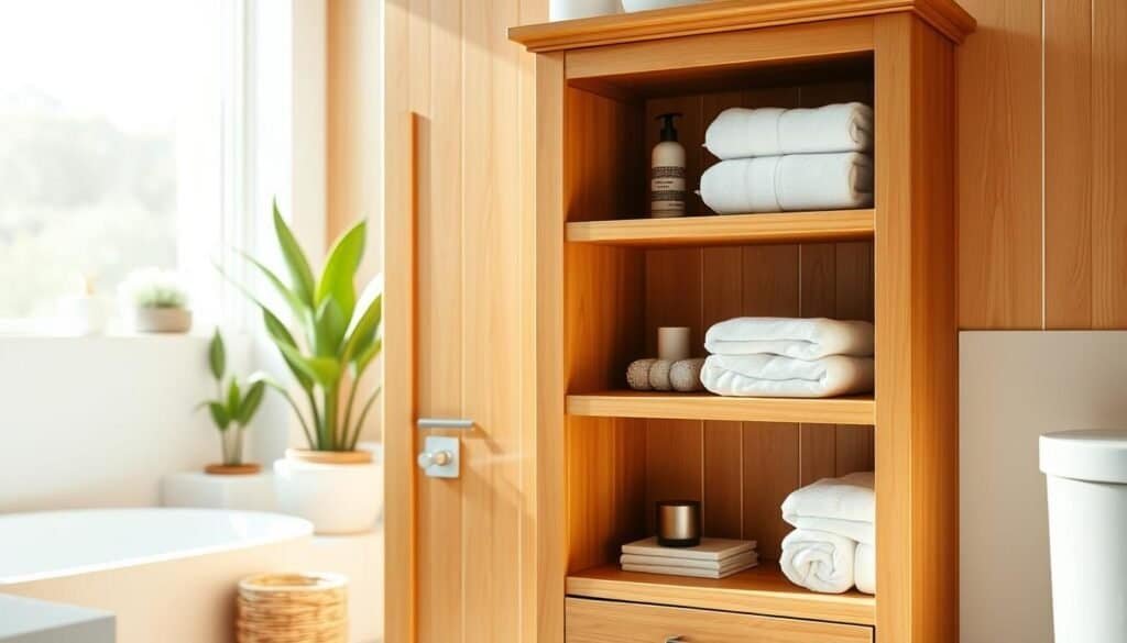 A beautifully crafted DIY bathroom linen cabinet made from warm, honey-colored wood, featuring clean lines and a minimalist design. In the foreground, the cabinet is positioned against a soft, light-colored wall with natural wood accents. The cabinet has open shelving displaying neatly folded towels and decorative bathroom items. In the middle ground, there's a subtle reflection of sunlight filtering through a nearby window, creating a warm and inviting atmosphere. The background includes soft, neutral tiles and potted plants that add a touch of greenery. The lighting is bright yet gentle, evoking a serene and stylish bathroom ambiance. Capture the image from a slight angle to highlight the cabinet's depth and texture, ensuring it's a realistic representation of a functional and stylish space.