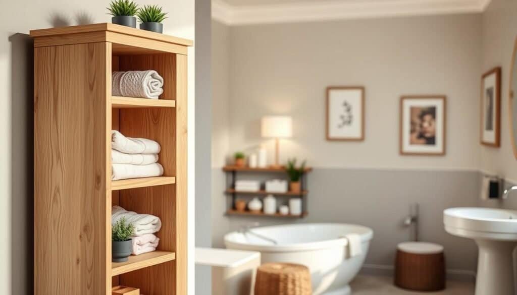 A beautifully crafted DIY bathroom linen tower made from light oak wood, showcasing its sleek design and natural grain. In the foreground, the linen tower exhibits open shelving filled with neatly folded bath towels in soft pastel colors, alongside small potted plants adding a touch of greenery. The middle ground features a stylishly organized space, with decorative storage boxes and jars for toiletries and bathroom essentials. The background reveals a softly lit, serene bathroom environment, with muted neutral tones and simple wall art, enhancing the peaceful atmosphere. The lighting is warm and inviting, emulating natural light from a nearby window, creating gentle shadows. The image is captured from a slight angle to emphasize depth and dimension, conveying a sense of calm and organization perfect for a small home project.