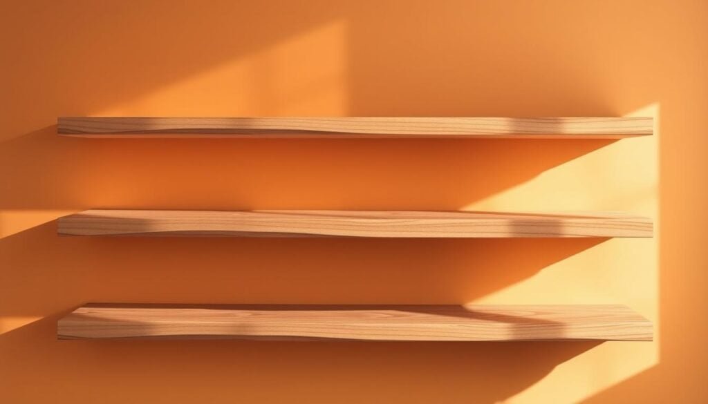 A beautifully crafted arrangement of natural wood ledges floating gracefully against a warm, minimalist backdrop. Smooth, sanded surfaces in rich, earthy tones reflect the gentle lighting, casting soft shadows that accentuate the depth and texture. The ledges are mounted securely yet appear to defy gravity, their clean lines and precise angles creating a sleek, contemporary aesthetic. Capture the essence of functional yet stylish home organization, showcasing the versatility of these floating wood shelves in a cozy, inviting setting.