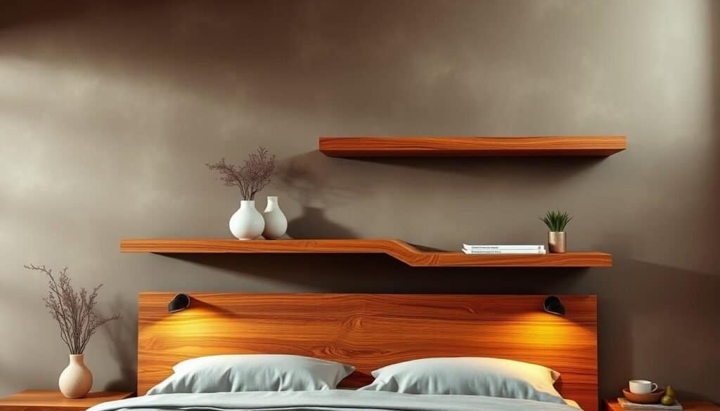 A beautifully crafted floating shelf headboard design, with rich, warm-toned wood grains and intricate joinery details. The shelves hover gracefully against a backdrop of muted, earthy tones, creating a serene and inviting atmosphere. Soft, indirect lighting casts gentle shadows, highlighting the natural textures and contours of the wood. The headboard seamlessly integrates storage and style, blending functionality with a touch of rustic elegance. Meticulously arranged decor, such as minimal vases and plants, complement the clean, modern lines of the design, resulting in a harmonious and visually captivating display. A beautifully crafted floating shelf headboard design, with rich, warm-toned wood grains and intricate joinery details. The shelves hover gracefully against a backdrop of muted, earthy tones, creating a serene and inviting atmosphere. Soft, indirect lighting casts gentle shadows, highlighting the natural textures and contours of the wood. The headboard seamlessly integrates storage and style, blending functionality with a touch of rustic elegance. Meticulously arranged decor, such as minimal vases and plants, complement the clean, modern lines of the design, resulting in a harmonious and visually captivating display.