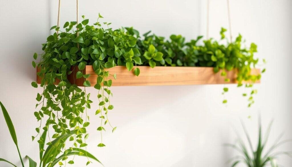 A beautifully crafted floating wood ledge displaying an artful arrangement of lush, verdant plants. The ledge is suspended elegantly, its warm, natural wood grain texture reflecting soft, ambient lighting. In the foreground, the plants cascade gracefully, their vibrant foliage creating a soothing, harmonious composition. The middle ground showcases the minimalist, floating design of the ledge, seamlessly integrated into the space. The background is subtly blurred, allowing the ledge and its botanical display to take center stage. This serene, nature-inspired scene exudes a sense of tranquility and balance, perfectly capturing the essence of a space-saving, functional yet decorative floating wood ledge.