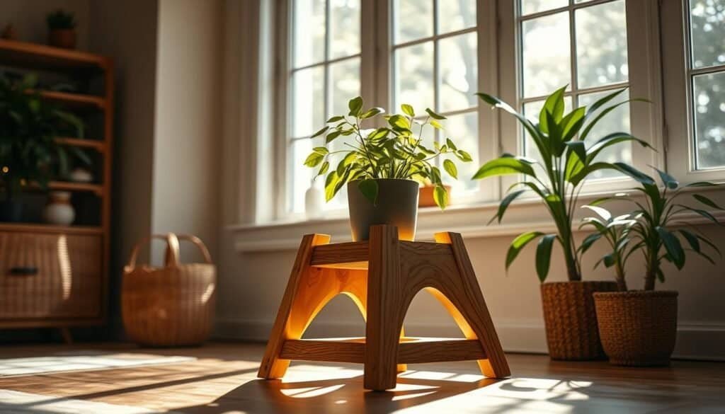 A beautifully crafted, handmade wooden plant stand sits in a well-lit, cozy indoor environment. Soft natural sunlight filters through large windows, casting a warm glow on the delicate potted plant resting atop the sturdy, minimalist wooden frame. The wood's rich, honey-toned grain and smooth finish exude a sense of rustic elegance, complementing the lush greenery of the plant. The scene evokes a calming, harmonious atmosphere, perfect for adding a touch of nature and natural charm to any living space.