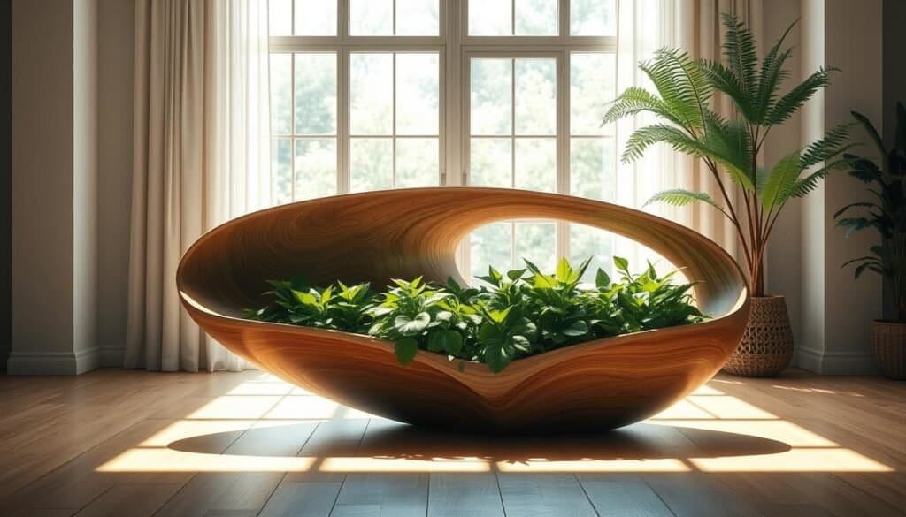 A beautifully crafted, nature-inspired piece of furniture stands in a serene, sun-dappled room. Elegant wooden curves flow seamlessly into an integrated planter, where lush greenery spills over the edges, blurring the line between nature and design. Soft, diffused lighting filters through large windows, casting a warm, ambient glow and creating a sense of tranquility. The furniture's organic forms and natural materials evoke a peaceful, rejuvenating atmosphere, inviting the viewer to pause and appreciate the harmony between the built and natural worlds.