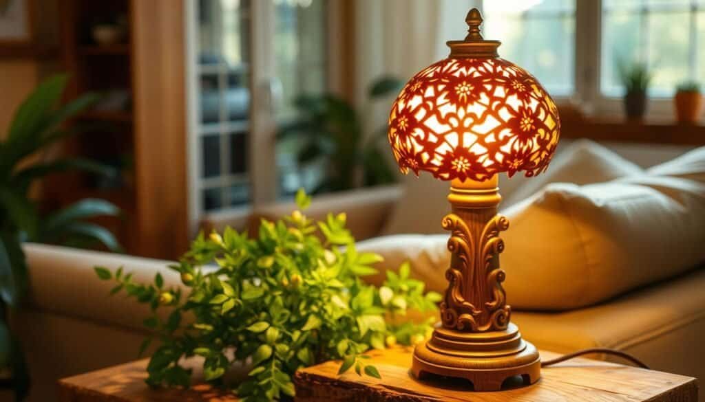 A beautifully crafted, ornamental table lamp stands in the foreground, its intricate floral design meticulously carved into the warm, wooden base. Soft, ambient lighting emanates from within, casting a gentle, inviting glow across the tranquil scene. The lamp is positioned atop a rustic, wooden side table, complemented by lush, green foliage in the middle ground. In the background, a cozy, sun-drenched living room comes into view, the lamp's radiant illumination adding a touch of elegance and sophistication to the space.