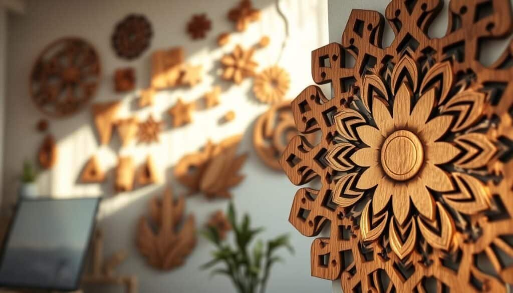 A beautifully crafted piece of decorative wooden wall art, featuring intricate carvings and a natural wood grain finish. In the foreground, showcase a striking wooden mandala design, with softly rounded edges and detailed patterns that invite admiration. The middle ground reveals an array of smaller wooden pieces, like geometric shapes and nature-inspired elements, arranged artfully on a bright, textured wall. In the background, a softly blurred living space with warm and inviting lighting enhances the wood creations, hinting at a cozy home atmosphere. Use natural light glowing from the side to highlight the textures of the wood, creating gentle shadows that add depth. The overall mood should be inspiring and uplifting, encouraging creativity and personal expression through DIY projects.