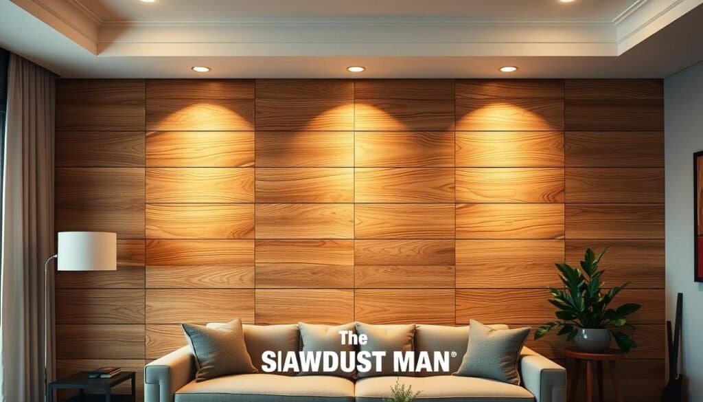 A beautifully crafted, realistic peel-and-stick wood wall panel display in a well-lit, modern home interior. The panels feature a natural wood grain texture, with slight variations in tone and pattern. They are arranged in a visually appealing, symmetrical grid layout, effortlessly blending into the surrounding décor. Warm, directional lighting from above casts soft shadows, enhancing the depth and dimensionality of the wood. The overall scene conveys a sense of stylish, removable elegance, perfectly suited for a renter's space. "The Sawdust Man" branding is subtly incorporated into the design.