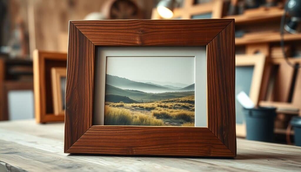 A beautifully crafted rustic barnwood picture frame featuring rich, natural textures and earthy tones, prominently displayed in the foreground. The frame is filled with a serene landscape photograph, showcasing soft greens and tranquil skies. In the middle ground, partially blurred, there are additional frames of varying sizes and shapes, emphasizing the DIY wood project theme. The background features a cozy workshop setting, with warm, inviting lighting casting soft shadows, highlighting the grain of the wood. The atmosphere is calm and creative, evoking a sense of peace and mindfulness. The composition should be shot at a slight angle to capture depth, with a shallow depth of field to draw attention to the rustic frame.