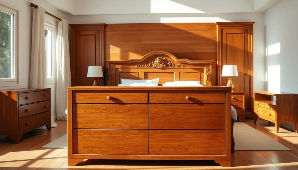A beautifully crafted set of statement wooden furniture pieces stands prominently in a sun-drenched bedroom. In the foreground, a large, solid oak dresser with a smooth, warm finish exudes a sense of timeless elegance. Behind it, a majestic wooden bed frame with intricate, hand-carved details commands attention. Completing the scene, a pair of sleek, minimalist nightstands in a rich, walnut hue flank the bed, their clean lines and natural grain creating a calming, organic atmosphere. The room is bathed in soft, natural light, highlighting the depth and texture of the wood, conveying a sense of tranquility and grounding in the space.