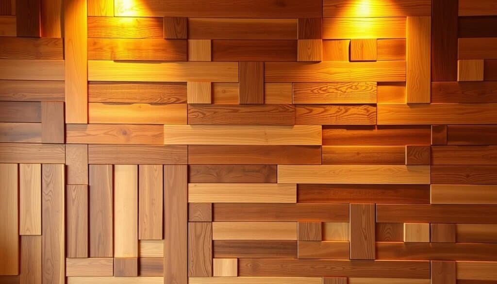A beautifully crafted wood accent wall, illuminated by warm, natural lighting. The wall features a mix of vertical and horizontal wood planks in varying shades of brown, from light to dark, creating a visually striking textural pattern. The wood grains are distinct, showcasing the natural beauty and unique character of each individual plank. The lighting casts gentle shadows, adding depth and dimension to the design. The overall atmosphere is cozy, inviting, and perfectly suited to enhance the warmth and character of any living space.
