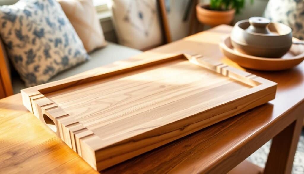 A beautifully crafted wood serving tray from The Sawdust Man's workshop. Featuring a smooth, natural finish showcasing the grain and texture of the wood. The tray's simple yet elegant design is accented by subtle ridges along the edges, creating a rustic yet refined look. Positioned in a warm, cozy setting with natural lighting, the tray is highlighted against a backdrop of complementary home decor elements, creating a serene and inviting atmosphere. The perfect piece to elevate any charcuterie board or display of artisanal delights.