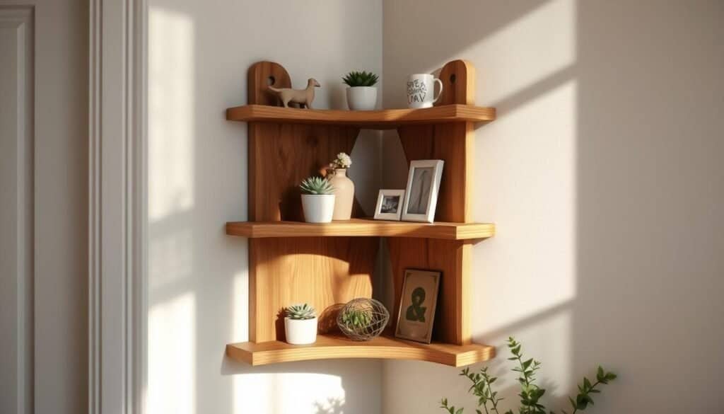 A beautifully crafted wooden corner shelf by "The Sawdust Man" stands in a cozy, sunlit nook, its natural grain and rustic charm complementing the minimalist, Scandinavian-inspired decor. Delicate potted succulents, a small vase of fresh flowers, and a few carefully selected trinkets adorn the shelves, creating a serene and inviting atmosphere. Warm, directional lighting highlights the intricate woodworking, casting soft shadows that add depth and dimension to the scene. The overall composition is a perfect balance of function and aesthetic, showcasing how thoughtfully selected wooden decor elements can elevate even the most compact of living spaces.