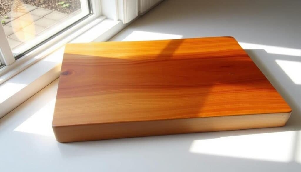 A beautifully crafted wooden cutting board, handmade by "The Sawdust Man". The board is made from rich, warm-toned maple wood, its surface smoothed to a silky finish. Subtle knots and grains add character, while the thick, sturdy design promises years of use. Sunlight filters through a window, casting a soft, natural glow across the board. The perfect balance of form and function, this cutting board is a masterpiece of handcrafted woodworking, ready to grace any modern kitchen.