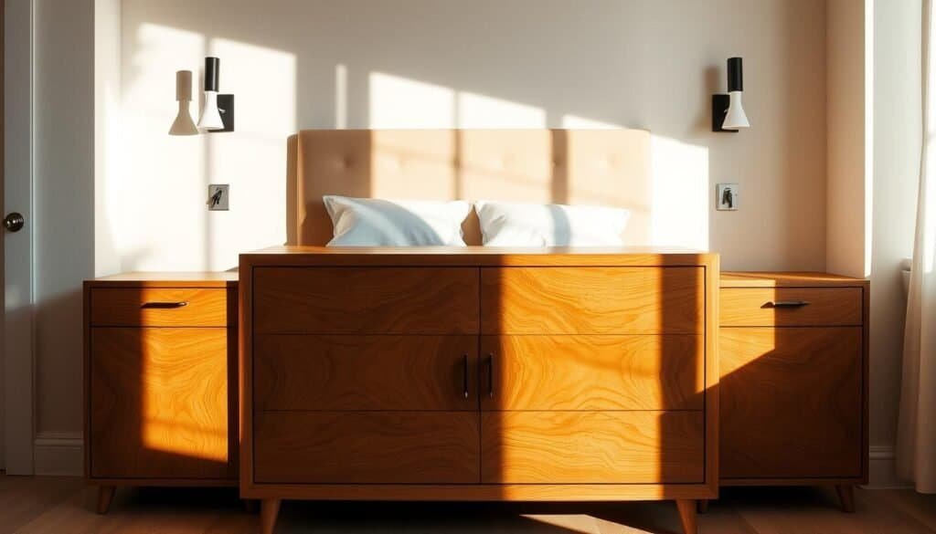 A beautifully crafted wooden dresser stands in a sun-dappled bedroom, its intricate grain and warm tones complementing the neutral color palette. A pair of sleek, minimalist nightstands flank a plush, tufted headboard, creating a harmonious, nature-inspired sanctuary. Soft, diffused lighting from a pair of sconces casts a gentle glow, highlighting the tactile beauty of the wood accents. The scene exudes a sense of tranquility and relaxation, inviting the viewer to imagine the calming, restorative power of natural elements in the personal haven of the bedroom. A beautifully crafted wooden dresser stands in a sun-dappled bedroom, its intricate grain and warm tones complementing the neutral color palette. A pair of sleek, minimalist nightstands flank a plush, tufted headboard, creating a harmonious, nature-inspired sanctuary. Soft, diffused lighting from a pair of sconces casts a gentle glow, highlighting the tactile beauty of the wood accents. The scene exudes a sense of tranquility and relaxation, inviting the viewer to imagine the calming, restorative power of natural elements in the personal haven of the bedroom.