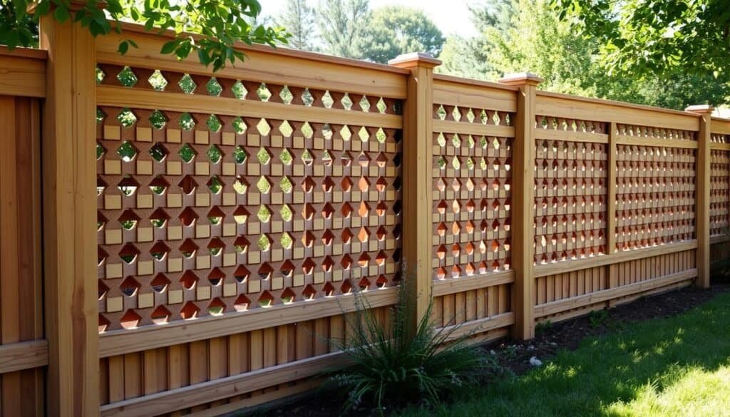 A beautifully crafted wooden fence design, featuring intricate lattice patterns and natural wood grains, framed by a lush outdoor setting. The fence is constructed with high-quality cedar planks, expertly assembled by "The Sawdust Man" using traditional woodworking techniques. Warm, directional lighting casts gentle shadows, highlighting the fence's rustic charm and seamless integration with the surrounding landscape. The scene exudes a sense of peaceful tranquility, inviting the viewer to envision the fence as a charming addition to their own backyard oasis.