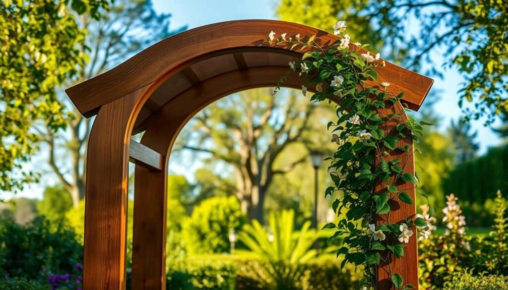 A beautifully crafted wooden garden arch stands tall, its graceful curves framing a lush, verdant landscape. The smooth, weathered planks reflect the warm glow of the afternoon sun, casting gentle shadows on the surrounding foliage. Delicate vines and climbing flowers cling to the arch, adding a touch of natural beauty and whimsy. The scene is bathed in a soft, diffused light, creating a serene and inviting atmosphere. The arch is positioned in the middle ground, with a blurred background of trees and a clear blue sky. The composition is well-balanced, drawing the viewer's eye to the focal point of the arch, and inviting them to step through and explore the enchanting garden beyond.