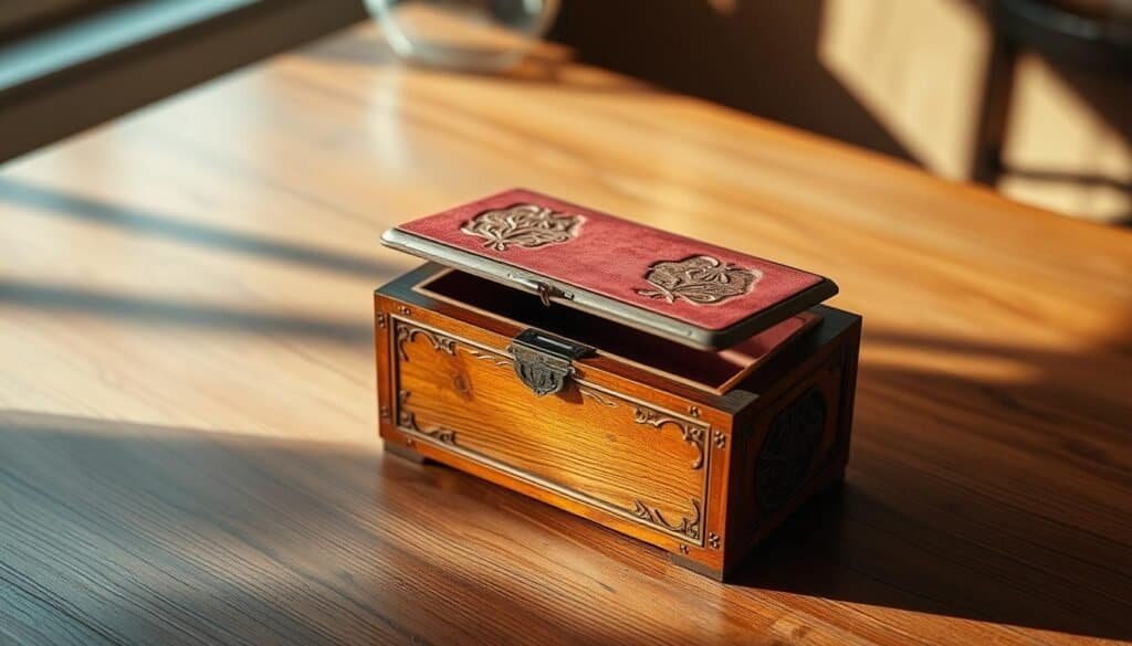 A beautifully crafted wooden jewelry box rests on a polished wooden table, its smooth surface reflecting the warm glow of soft lighting. The box features intricate carved details, with a slightly distressed finish that adds to its rustic charm. The top of the box is open, revealing a plush velvet-lined interior, ready to hold precious jewelry and keepsakes. Soft shadows cast by the lighting create a cozy, intimate atmosphere, inviting the viewer to imagine the stories this box might hold. The scene exudes a sense of timeless elegance and handcrafted beauty, perfectly suited for a home décor project.