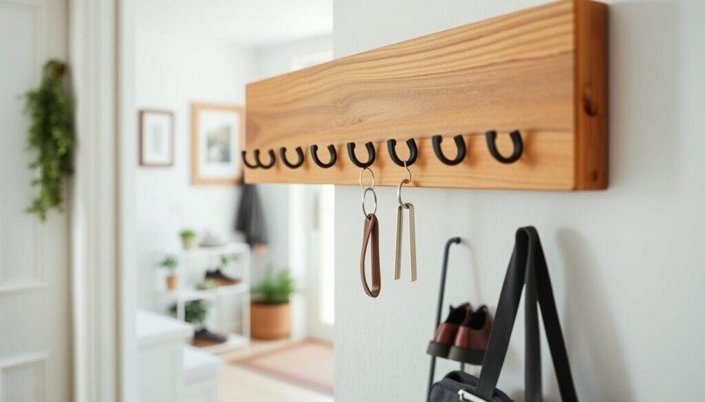 A beautifully crafted wooden key holder hanging on a light-colored wall. In the foreground, the key holder features several pegs and a smooth, natural wood finish, showcasing the grain and subtle variations in color. The middle ground captures a neatly organized entryway with a stylish shoe rack and a potted plant, adding a touch of warmth. In the background, soft, natural light filters through a window, creating a cozy atmosphere. The scene is captured from a slightly elevated angle, simulating a casual, inviting perspective. The overall mood is calm and functional, perfect for a quick DIY home décor project.