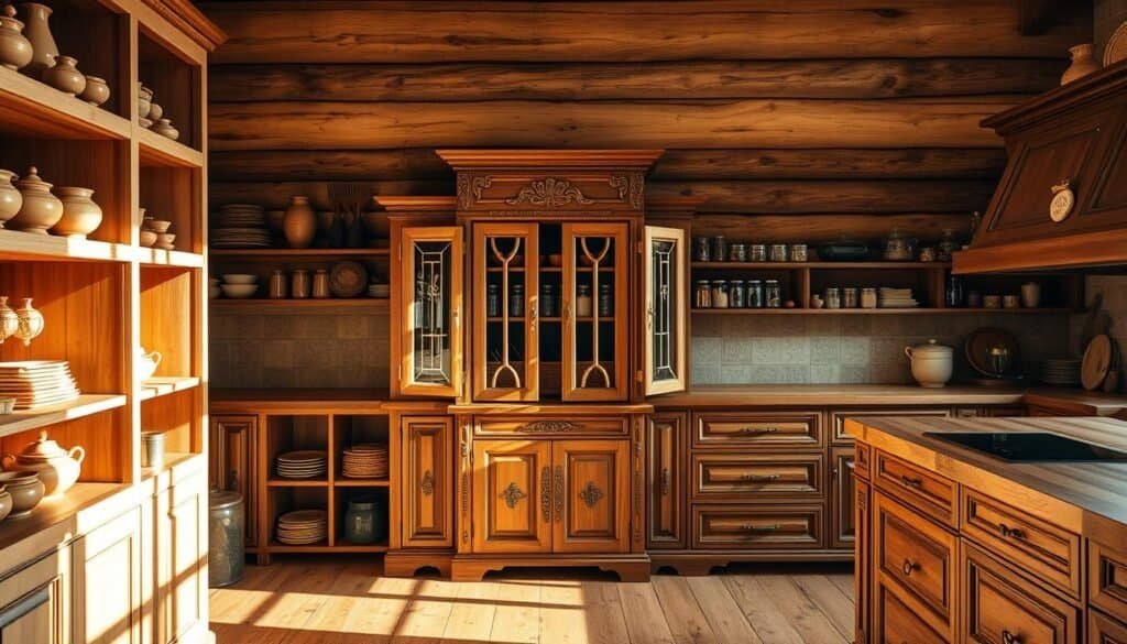 A beautifully crafted wooden kitchen featuring a variety of functional and stylish storage solutions. In the foreground, a set of open shelves displaying an array of earthenware and wooden utensils, bathed in warm, natural lighting. In the middle ground, a freestanding cabinet with intricate carved details, its doors open to reveal neatly arranged jars and spice containers. The background showcases a wooden island with deep drawers and a butcher block top, providing ample storage and workspace. The overall atmosphere is one of rustic elegance, where form and function seamlessly blend to create a harmonious and inviting kitchen space.
