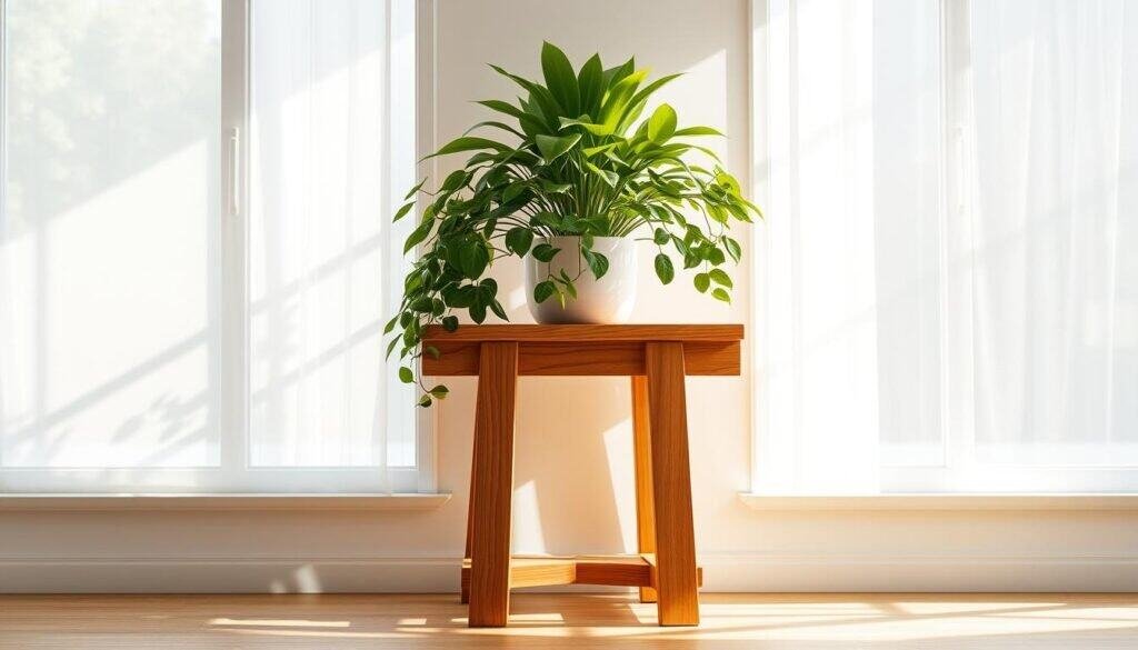 A beautifully crafted wooden plant stand, its natural grain and warm tones emanating a cozy, inviting ambiance. Sunlight filters softly through large windows, casting gentle shadows and highlights that accentuate the stand's elegant simplicity. Atop the stand, a thriving houseplant adds a touch of verdant life, its lush foliage complementing the wooden structure. The composition is balanced, with the plant and stand taking center stage, framed by a minimalist, harmonious background. The overall scene conveys a sense of tranquility and natural harmony, perfectly suited to brighten and enliven any indoor space.