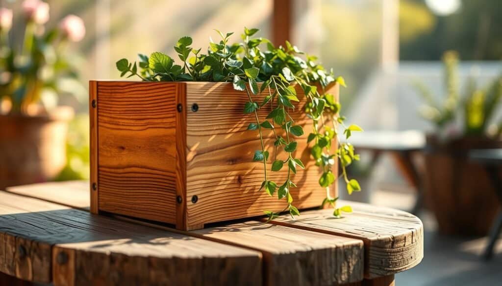 A beautifully crafted wooden planter box sits atop a weathered wooden surface, its smooth, grain-textured walls gently catching the warm, natural lighting. The box is filled with lush, verdant plants cascading over the sides, their delicate leaves and stems creating a soothing, tranquil atmosphere. In the background, a softly blurred natural setting, perhaps a garden or patio, adds to the peaceful, serene ambiance. The entire scene exudes a sense of calm and mindfulness, inviting the viewer to pause, appreciate the simple beauty of a handcrafted wooden planter and the nourishing nature it contains.
