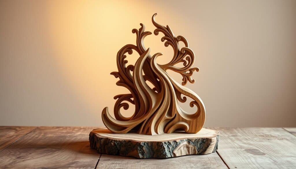 A beautifully crafted wooden sculpture, showcasing intricate designs and natural textures. The piece stands prominently on a rustic wooden table, illuminated by soft, warm lighting that casts gentle shadows, highlighting the depth and complexity of the carved forms. The background is a serene, neutral setting, allowing the wooden art to take center stage and inspire creative DIY ideas for family projects. The composition captures the essence of skilled craftsmanship and the tactile allure of working with wood, inviting the viewer to imagine the satisfaction of creating such a stunning piece themselves.