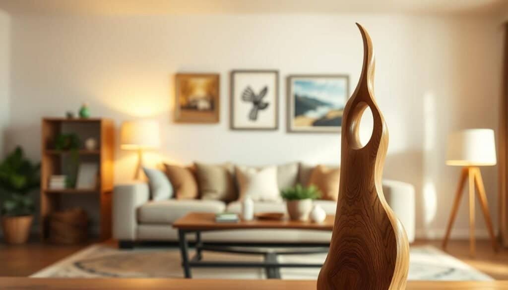 A beautifully crafted wooden sculpture stands in the foreground, its intricate details and natural grain illuminated by warm, soft lighting. The sculpture appears to be a whimsical, organic form, perhaps inspired by nature or abstract shapes. In the middle ground, a cozy, well-lit living room setting provides a harmonious backdrop, with a neutral color palette and simple, tasteful furnishings that allow the wooden art piece to take center stage. The lighting is gentle and inviting, creating a serene, homely atmosphere. The overall composition conveys a sense of timeless, heirloom-quality craftsmanship, perfectly suited for a family-oriented décor piece that can be cherished for generations.