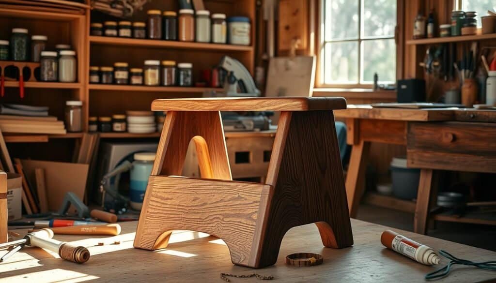 A beautifully crafted wooden step stool, showcasing a rich, natural grain texture with a deep mahogany finish. The stool is positioned centrally in a cozy workshop, adorned with scattered tools such as a saw, sandpaper, and wood glue. Sunlight streams through a nearby window, creating warm highlights and gentle shadows that accentuate the stool’s contours. In the background, shelves filled with jars of paint and various woodworking supplies hint at ongoing DIY projects. A wooden workbench, slightly cluttered, complements the scene. The overall atmosphere is inviting and inspiring, capturing the essence of a small DIY woodworking project that conveys creativity and craftsmanship.