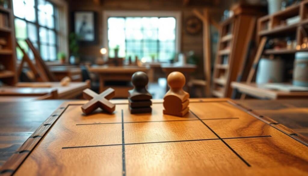 A beautifully crafted wooden tic-tac-toe board, featuring intricate carvings and a polished finish. The board is set in the foreground, with smooth, natural wood grains visible in rich, warm tones. In the middle ground, there are two sets of game pieces—classic Xs and Os, hand-carved from contrasting light and dark wood. The background showcases a cozy workshop with soft, ambient lighting filtering through a window, casting gentle shadows that enhance the craftsmanship. The scene conveys a tranquil atmosphere, inviting a sense of nostalgia and creativity. The focus is on detail, showcasing the craftsmanship of the wooden game in a serene indoor setting, perfect for those seeking a peaceful distraction.