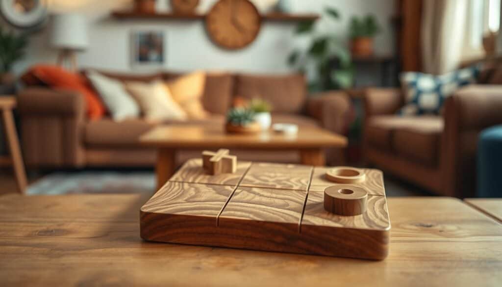 A beautifully crafted wooden tic-tac-toe board sits prominently in the foreground, showcasing its intricate grain patterns and smooth finish. The board features a classic 3x3 grid, with hand-carved X and O pieces made from contrasting wood types, adding depth and character. In the middle ground, a soft light illuminates the scene, casting gentle shadows that enhance the texture of the wood. The background consists of a cozy, softly blurred living room setting, adorned with warm colors and inviting decor, creating a welcoming atmosphere. The overall mood is relaxed and inviting, perfect for a game night. The image is shot with a shallow depth of field to focus on the tic-tac-toe board, with natural lighting highlighting the craftsmanship in a homely environment, devoid of any text or branding.