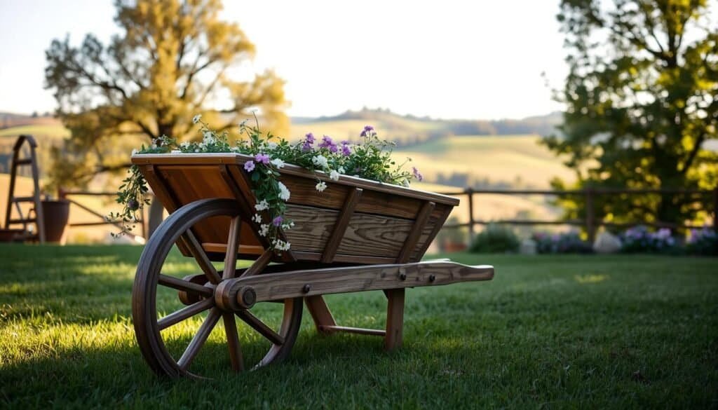 A beautifully crafted wooden wheelbarrow, adorned with intricate details and rustic charm, stands proudly in a sun-dappled garden. The weathered wood is meticulously finished, its grain accentuated by a natural stain. Delicate flowers cascade over the sides, adding a touch of vibrant color. The wheelbarrow is positioned in the foreground, its sturdy frame casting a soft shadow on the lush, green grass below. In the background, a picturesque landscape of rolling hills and a cloudless sky creates a serene, pastoral atmosphere. Warm, golden light filters through the trees, illuminating the scene with a cozy, inviting glow. The overall composition evokes a sense of natural harmony, making this decorative wooden wheelbarrow planter a charming and functional addition to any outdoor space.