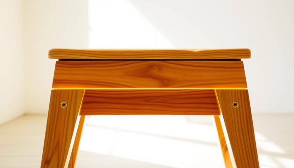 A beautifully handcrafted wooden step stool from The Sawdust Man, showcasing a natural and rustic aesthetic. The stool features a sturdy, solid wood construction with a smooth, sanded finish. Warm lighting illuminates the rich grain patterns, creating a cozy, inviting atmosphere. The stool is positioned in a bright, airy room, with a minimalist background that allows the craftsmanship to take center stage. The clean, functional design blends seamlessly with a variety of home decor styles, making it a versatile and stylish addition to any space.