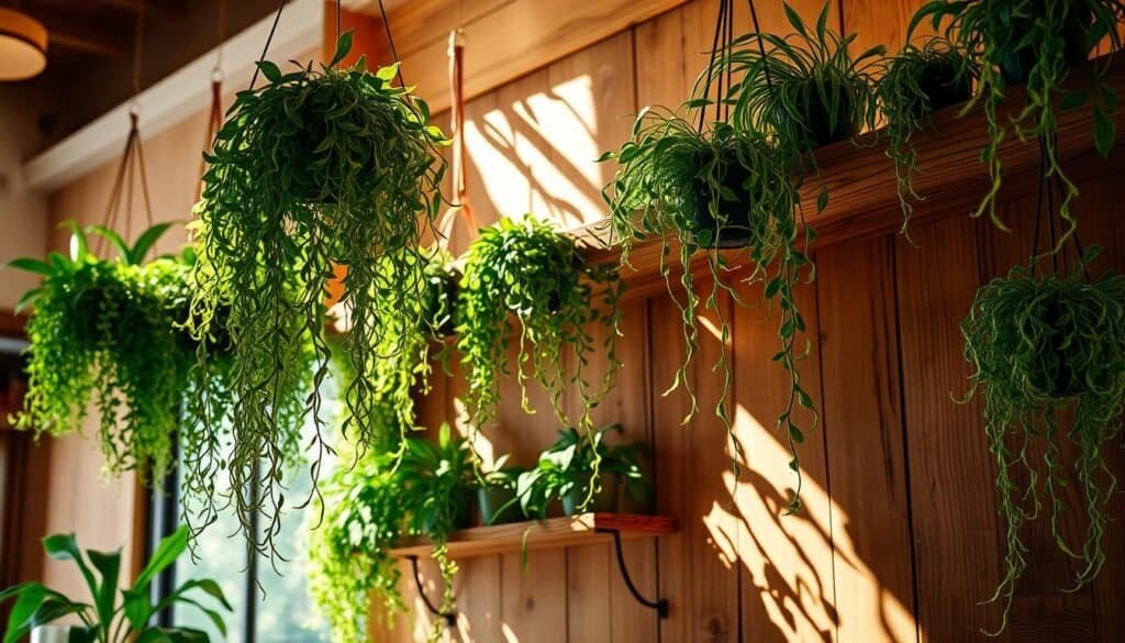 A beautifully lit indoor scene with an array of lush, verdant hanging plants cascading from rustic wooden shelves. The plants' delicate tendrils and leaves cast soft, natural shadows across the warm-toned wooden surfaces. The lighting is soft and diffused, creating a cozy, inviting atmosphere. The wooden elements, such as the shelves and plant holders, have a weathered, artisanal quality, seamlessly blending with the vibrant greenery. The composition is balanced and visually striking, drawing the eye to the harmonious interplay of organic and man-made elements. This scene evokes a sense of tranquility and brings the outdoors in, creating a soothing, nature-inspired ambiance.