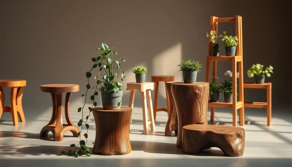 A beautifully lit studio scene showcasing an assortment of intricate wooden plant stands in various styles and designs. In the foreground, a rustic, handcrafted wooden pedestal stand with a lush, trailing vine plant. In the middle ground, a sleek, minimalist plant stand with clean lines and a potted succulent. In the background, a tiered, multi-level wooden plant stand with a selection of potted herbs and flowers. The lighting is warm and natural, casting gentle shadows and highlighting the organic textures and rich grains of the wooden pieces. The overall atmosphere is one of tranquility and understated elegance, showcasing the versatility and beauty of these simple yet impactful wooden plant stands.