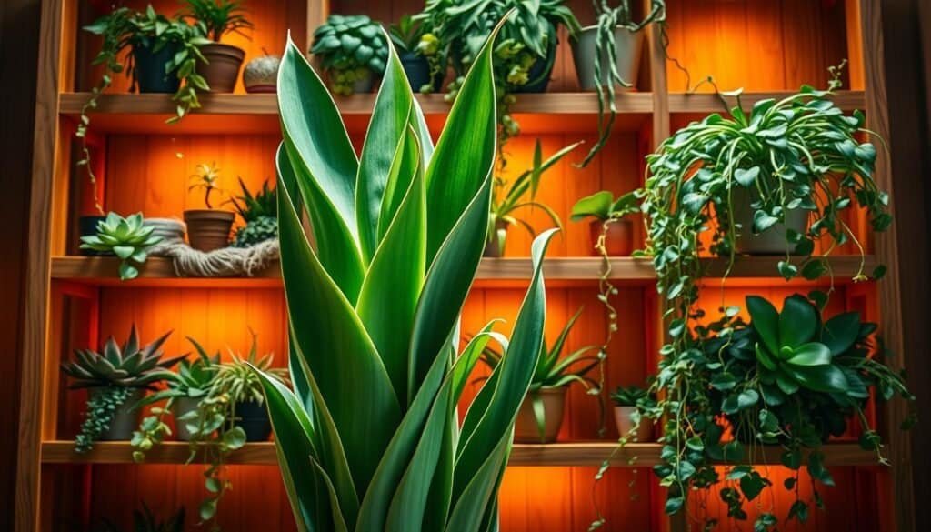 A beautifully-lit wooden plant stand showcasing a lush, vibrant display of thriving houseplants. In the foreground, a tall, leafy snake plant stands tall, its striking green foliage reaching upwards. Surrounding it, a variety of smaller succulents and trailing vines cascade gracefully from the wooden shelves, creating a harmonious, natural composition. The warm, golden lighting casts a soft, inviting glow, highlighting the organic textures and earthy tones of the plants and wood. The image has a serene, spa-like atmosphere, conveying a sense of tranquility and the rejuvenating presence of nature within the home.